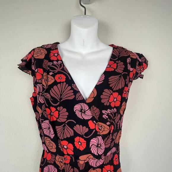 Corey Lynn Calter Floral Midi Black Pink Dress Size 6 Short Flutter Sleeves - Picture 2 of 7